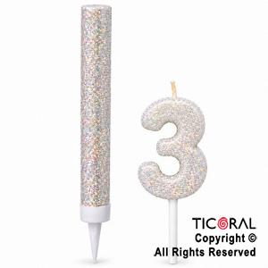 SET BENGALA Y VELA NUMERAL NUMERO 3 CON GIBRE BLANCO